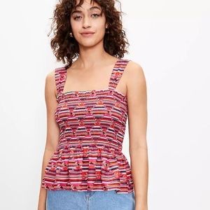 LOFT Women’s Colorful Smocked Ikat Print Peplum Tank Top Size Large